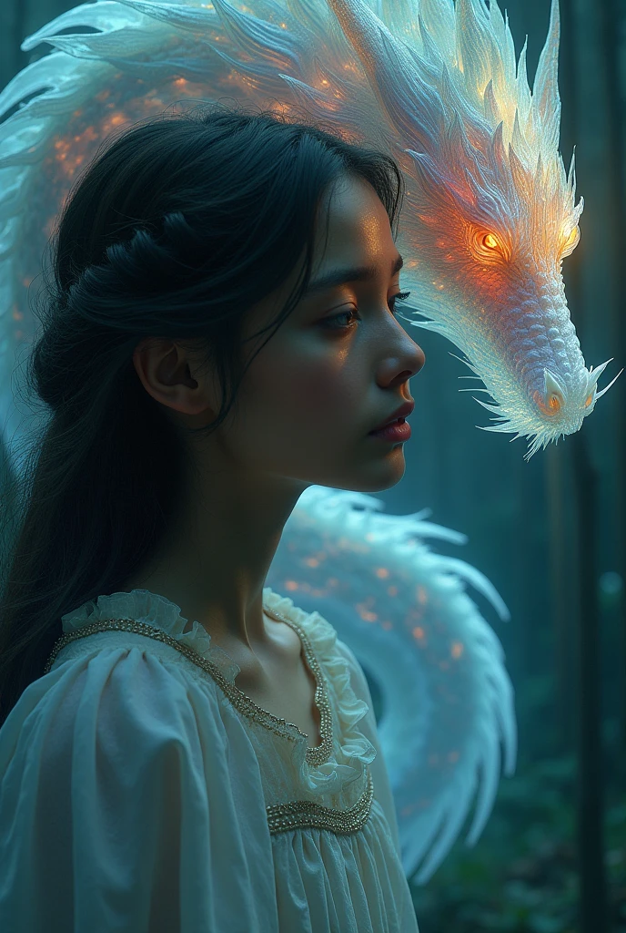 A sad girl, close up, a transparent glowing dragon of vibrant colors upper body in background in big size