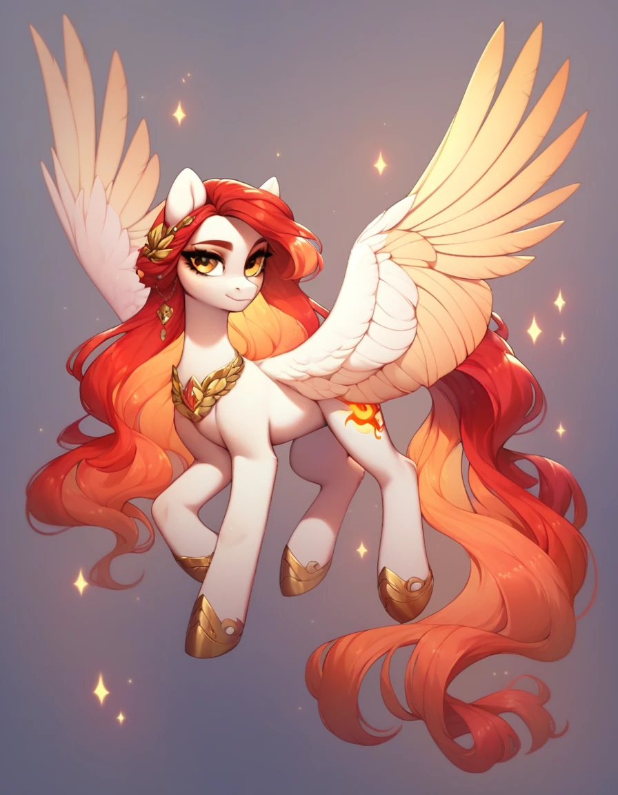 (Artwork, Maximum quality, best quality, offcial art, beautiful and aesthetic:1.2), A pony with a long, flaming red mane, Long straight red hair, pele caucasiana, gold eyes, Pegasus Wings, full body shown in the image.