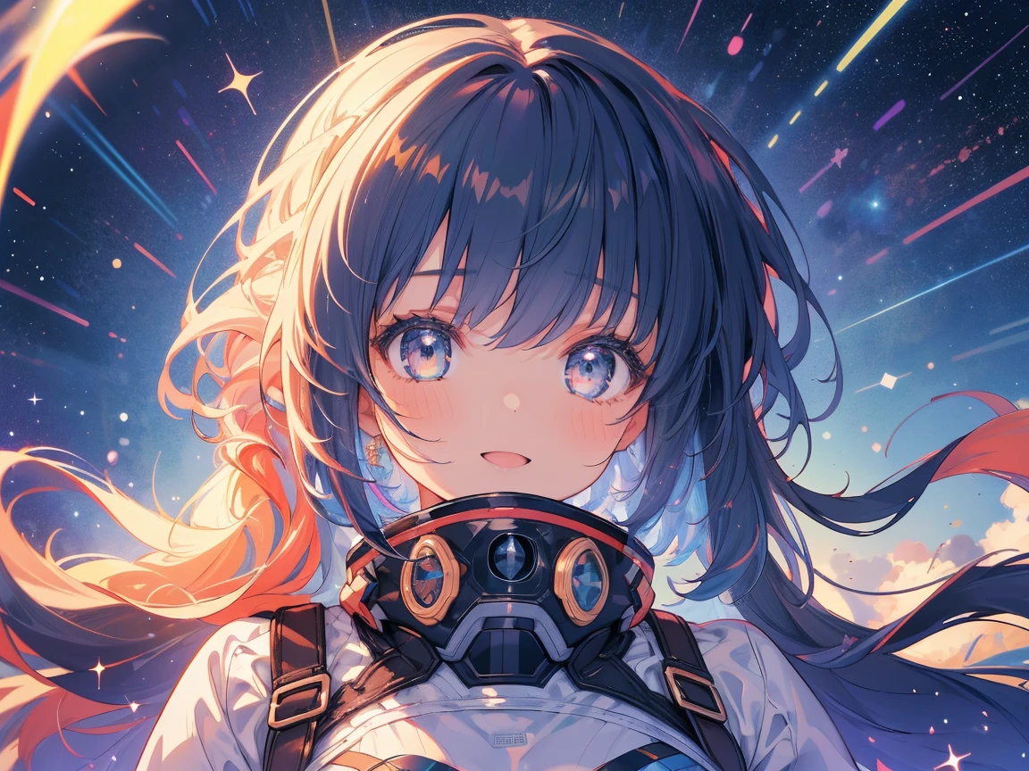 Attention to detail, Super Detail, Ultra-high resolution, A girl having a good time in a dream galaxy, Surrounded by stars, The warm light that shines on her, The background is a starry sky with colorful galaxies and galactic clouds, The stars fly around her, Delicate face, Add a playful touch ,