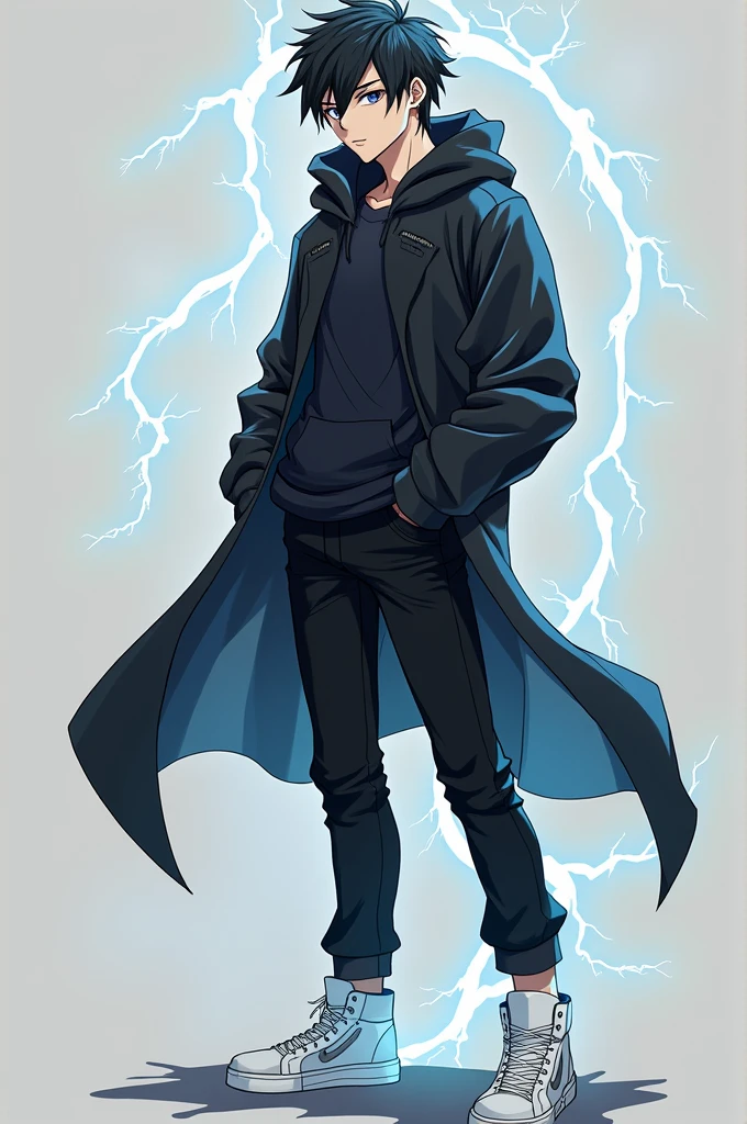 Anime handsome boy black hoodie black pant white sneakers little scratch in face sorcerer of electricity 