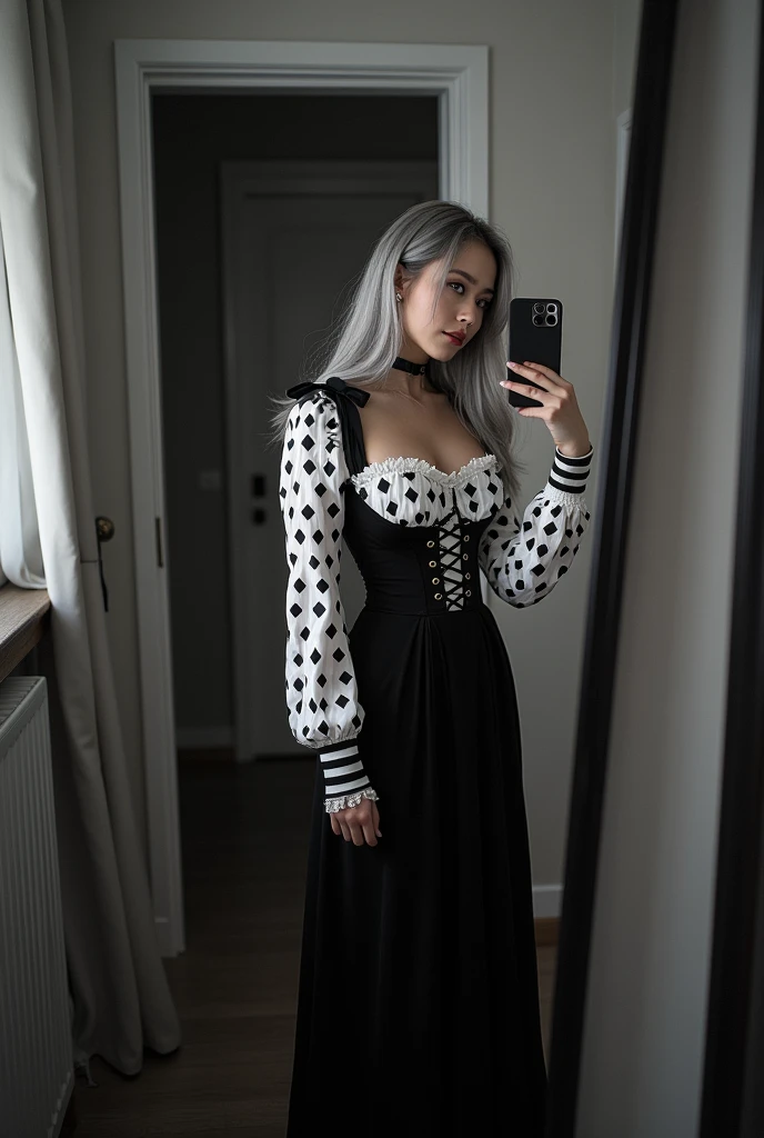 highly detailed, beautiful, hyper Realistic girl, masterpiece, best quality, Depict a mysterious and sophisticated beautiful Japanese gravure model,, 28-years-old, identity hidden, all body shot, /// sexy Pierrot Costume, Opt for a fitted corset bodice with black and white diamond patterns, accentuating the waist, Layer with a ruffled, off-the-shoulder blouse in contrasting black and white hues, adorned with oversized bows for a whimsical touch, Pair with high-waisted black maxi skirt, featuring exaggerated ruffles or pleats for added volume and drama, Accessorize with black and white striped stockings or tights, and patent leather ankle boots with oversized buckles for a modern twist on classic clown footwear, /// gray arranged hair, small head, Detailed face, cute and Pretty slim face, Duck mouth, perfect beautiful Tooth, arranged gray hair, shiny eyes, blue-colored eyes, Realistic skin, Detailed face, /// Monotone simple modern taste single room, mirror, complicated background /// takes a selfie in her room using a smartphone in front of a mirror with one hand, standing and fashion model Posing, looking away from the camera,