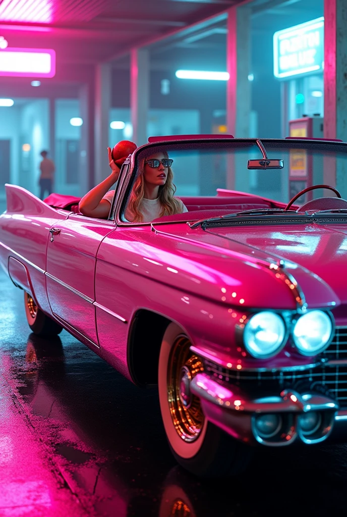 whole image, diagonal photo of a 1959 Cadillac Eldorado Biarritz convertible in shiny polished metal bright pink color, Long Tail, the painting reflects everything around it, cyberpunk style, surrounded by colorful neon light, roda grossa, golden wheel, Detalhes em dourado, Woman in sunglasses driving, she is holding an apple, she is eating the apple,  neon on car paint, reflective paint that reflects everything around it, detailed headlight, very detailed headlight, as detailed as possible, hyper-realistic as realistic as possible, this&#39;this&#39;It&#39;s in a cyberpunk-style gas station with pink and blue neon lights everywhere,  best qualityer, CRU, Masterpiece artwork, super fine photo, best qualityer, super high resolution, photorrealistic, lighting sun, framing the entire car in the photo, stunningly beautiful,, dynamic poses, the car is complete in the image
