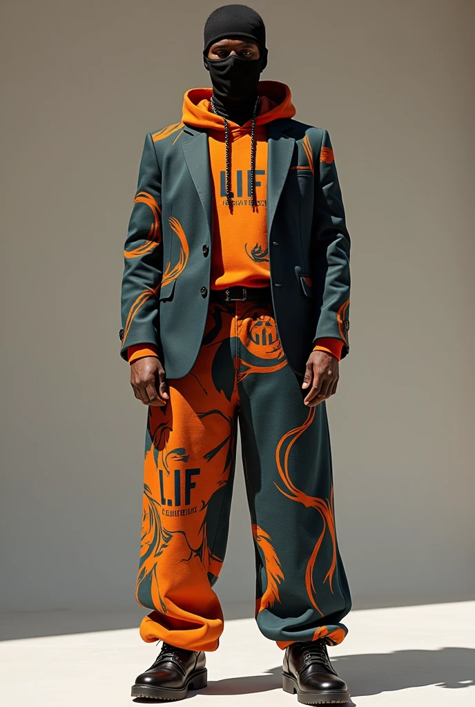 design a 3d luxury business casual vibrant stoner clothes. design a matching skimask, and create stylish shoes to fit the theme. taylor this to the african american community. the brand name l.i.f.t. clothing should be on the clothes.
