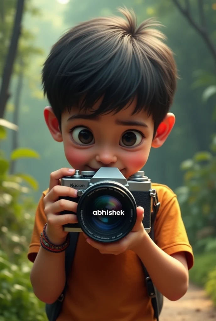 A camera in a boy hand capturing something special ! A  text written at front of camera clicker _abhishek
