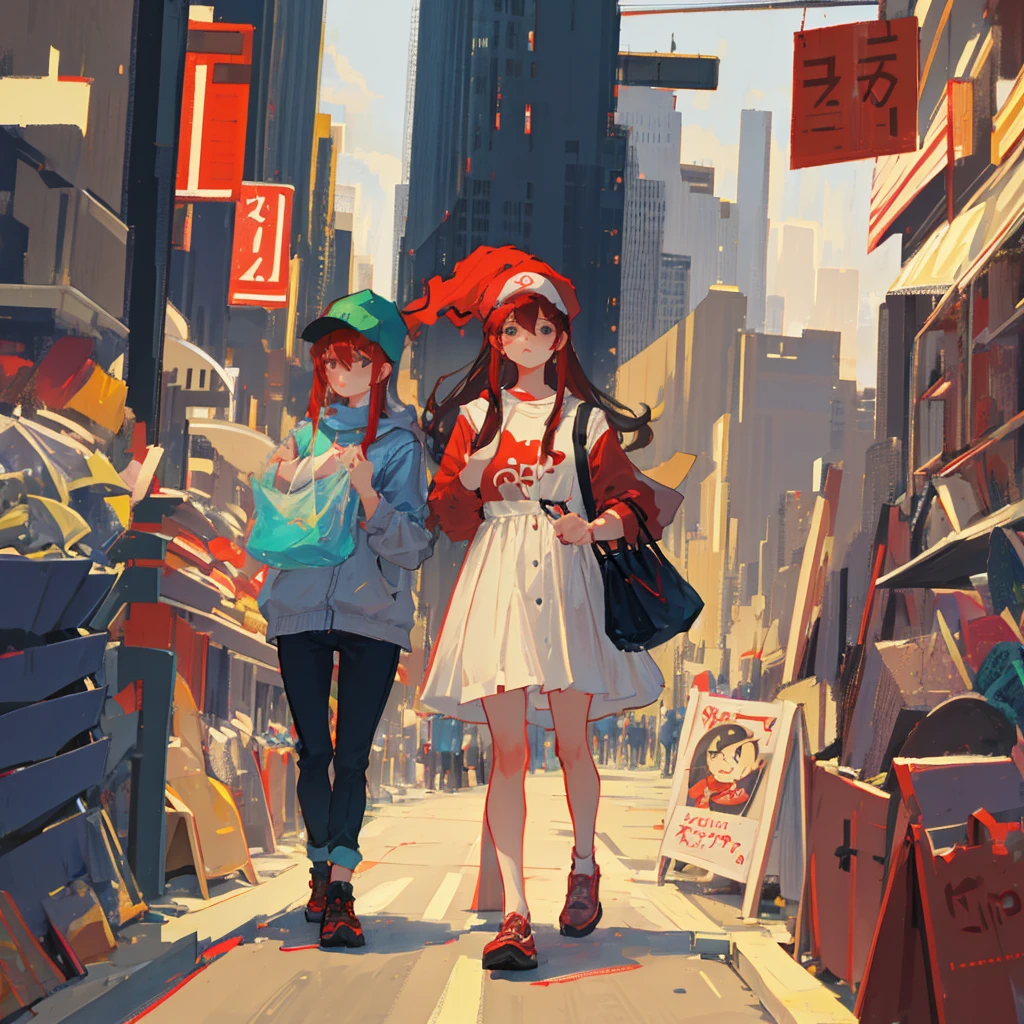 a one woman, redheadwear, (Bullish),intimidating, big straight hair, walking on the street, using cell phone, carrying a bag, 