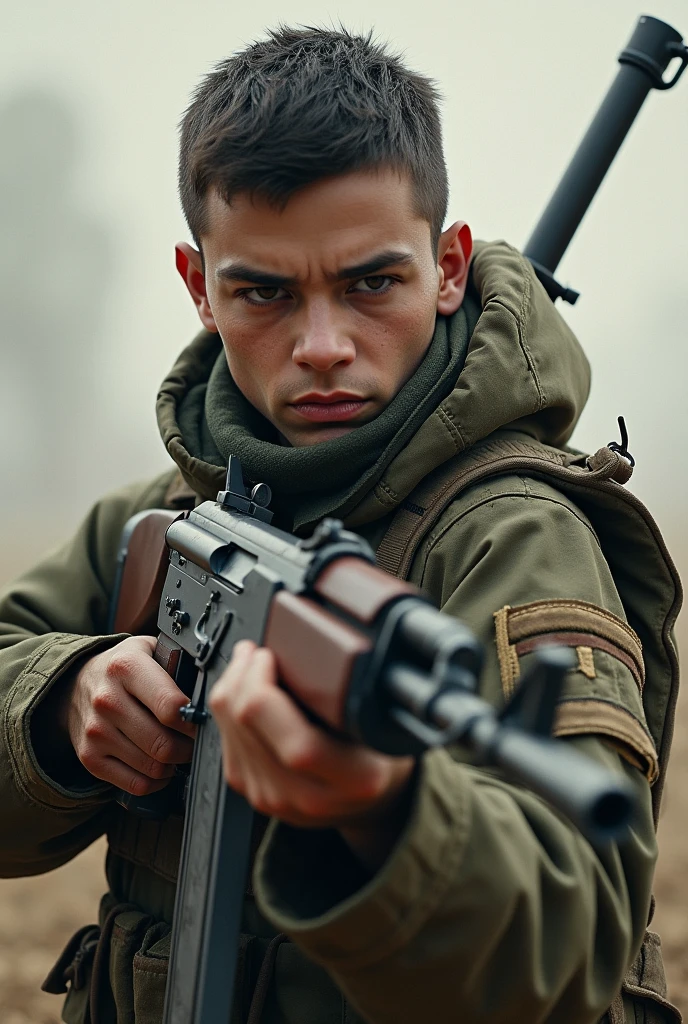 head of'artwork, best quality, 1boy, tir de cow-boy, delicate eyes, military uniform, ak-47, actuel, kalashnikov_rifle, agression_rifle, holding_handgun