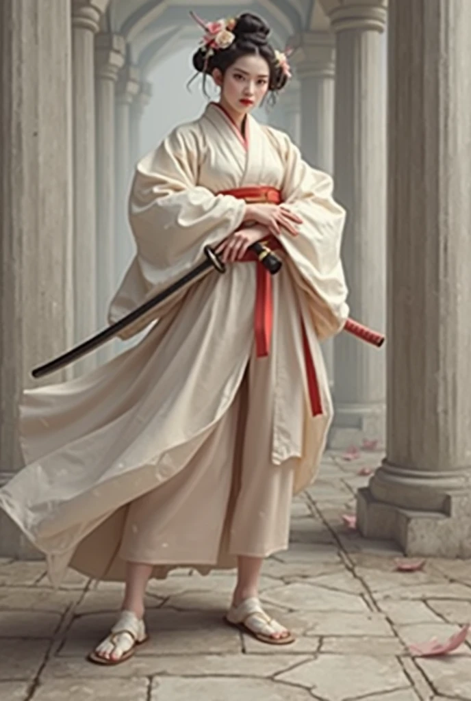(8K, highest quality, masterpiece:1.2), (realistic:1.4), Raw photo, highest quality, ultra high resolution, best shadow, (full body:1), historical heroine, cleavage, Swordmaster, kabuki, (samurai sword), large scale amazing environment, horror, dark horror, highly detailed facial features, beautiful and perfect face, perfect eyes, perfect fingers,