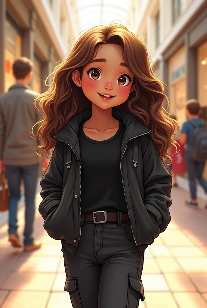 Drawing style A chubby girl child with long wavy hair 2c brown skin wears black cargo pants black top and jacket And a beautiful smile at the mall