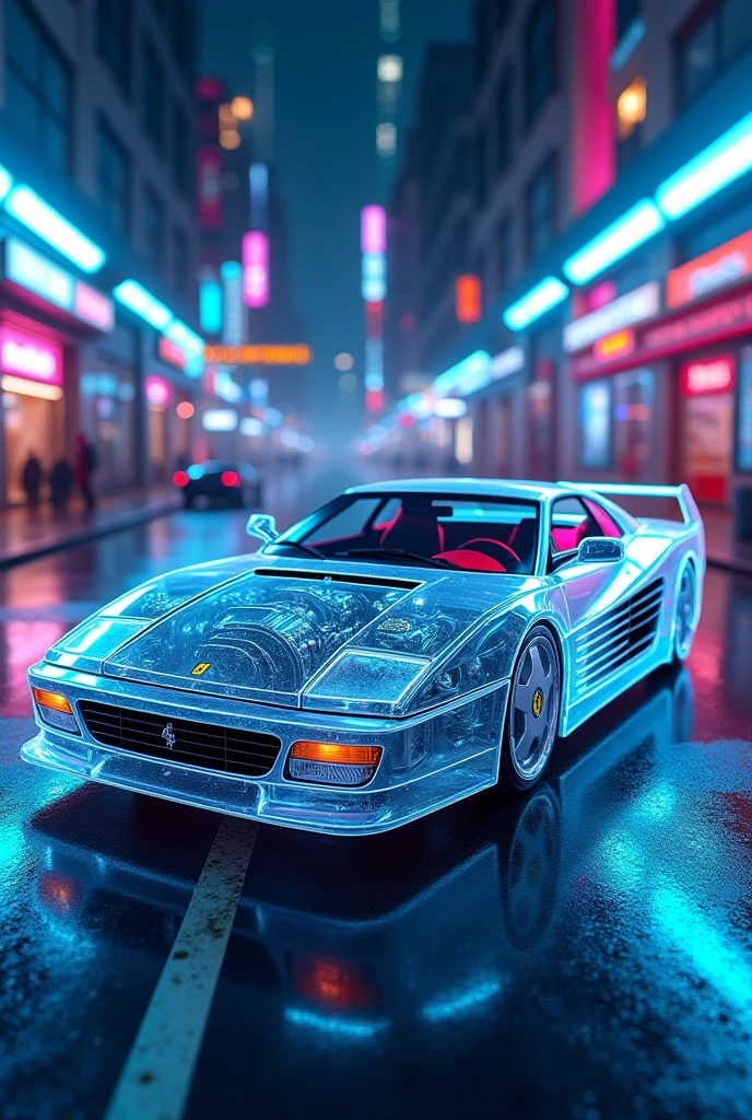 image of a white 1984 ferrari testossa completely transparent translucent, You can see the engine through its transparent skin, She is on a futuristic cyber street lit up with blue and pink neon.