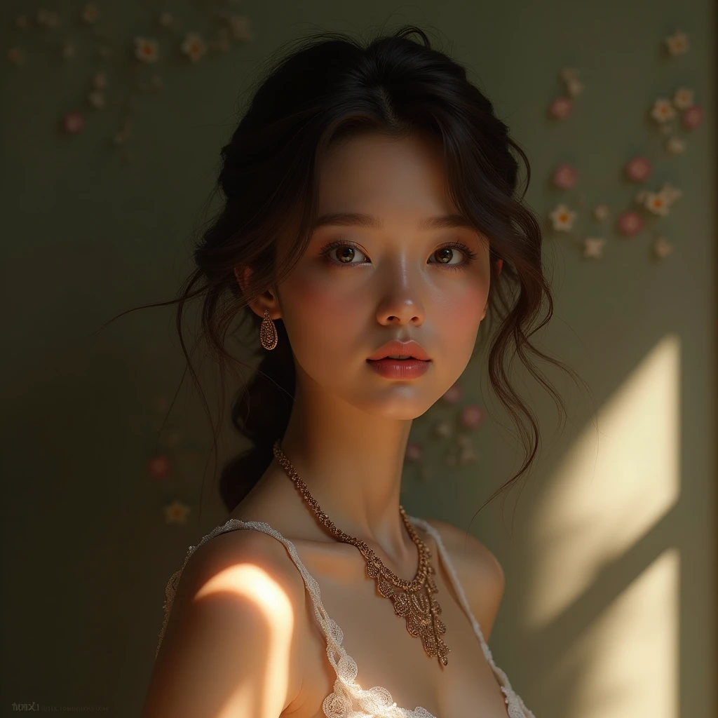 A beautiful young woman, detailed intricate necklace, delicate collarbone, flowing hair, elegant pose, serene expression, natural lighting, soft muted colors, cinematic composition, photorealistic, 8k, (best quality, ultra-detailed, masterpiece:1.2), (realistic, photo-realistic:1.37), intricate jewelry, graceful, ethereal, chiaroscuro lighting, delicate skin tones, warm palette