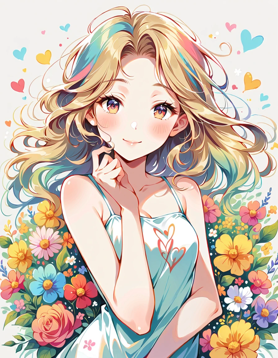 Wearing a sleeveless dress、Light rainbow hair、A big smile、most beautiful girl of all time、Lips in Love、Colorful flowers、colorful hearts, Simple line initials、Abstract art、Urban Background