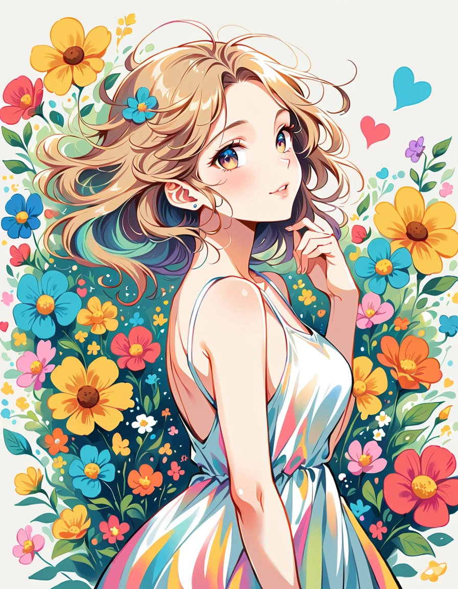 Wearing a sleeveless dress、Light rainbow hair、A big smile、most beautiful girl of all time、Lips in Love、Colorful flowers、colorful hearts, Simple line initials、Abstract art、Urban Background