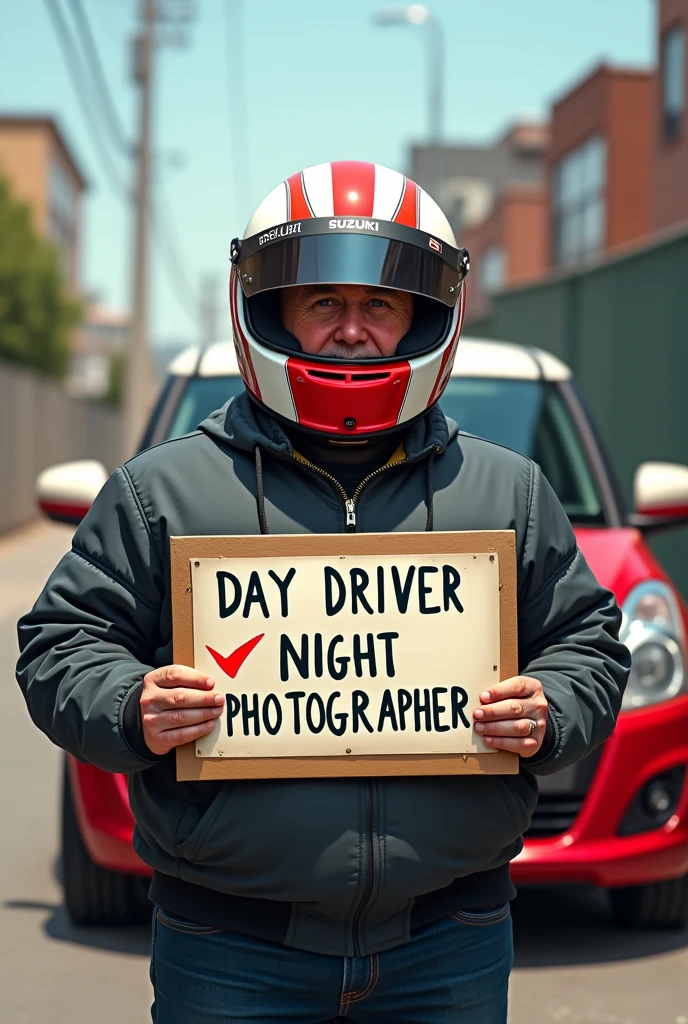 Make me a picture where there is a fat man with a racing helmet holding a sign that says “day driver”, “night photographer” and has a Suzuki Swift behind him