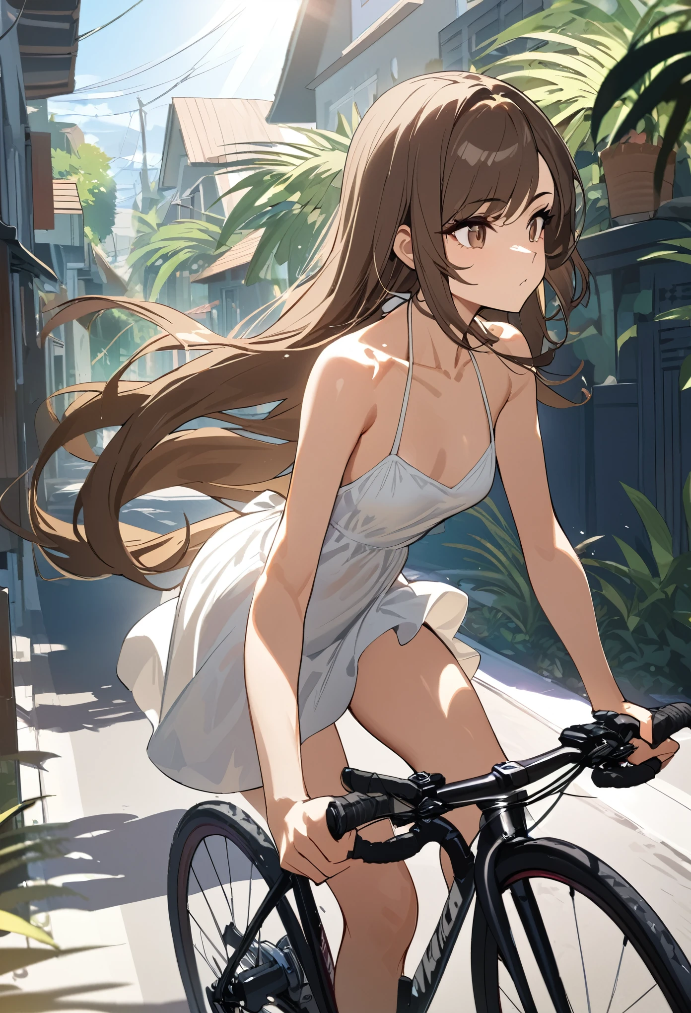 (masterpiece, best quality), 1girl riding bike, street, tropical plants, neighborhood, sun rays, stoic, looking to the side, beautiful face, brown eyes, brown hair, swept bangs, low very long hair, yellow spaghetti strap halter neck backless sundress, sneakers, small breasts, toned arms,