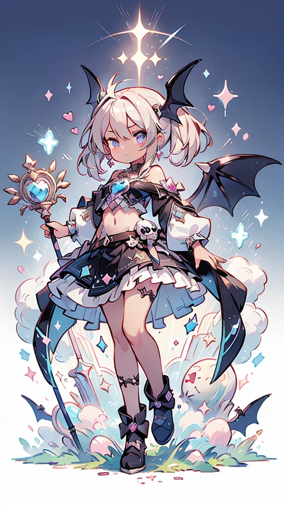 (masterpiece, Highest quality, detailed:1.3),(photograph:1.3), HD transparent background, Attention to detail,cute,One Girl, cute expression, The audience watching, reference sheet, Character Design, (bat wing accessories),black, purple accents, blue accents, magical girl weapon, Delinquent, heart Accessories, skull accessories,Detailed background of a magical forest, bratty, goth, punk, magic staff, jewel, jewels, brown skin, crop top