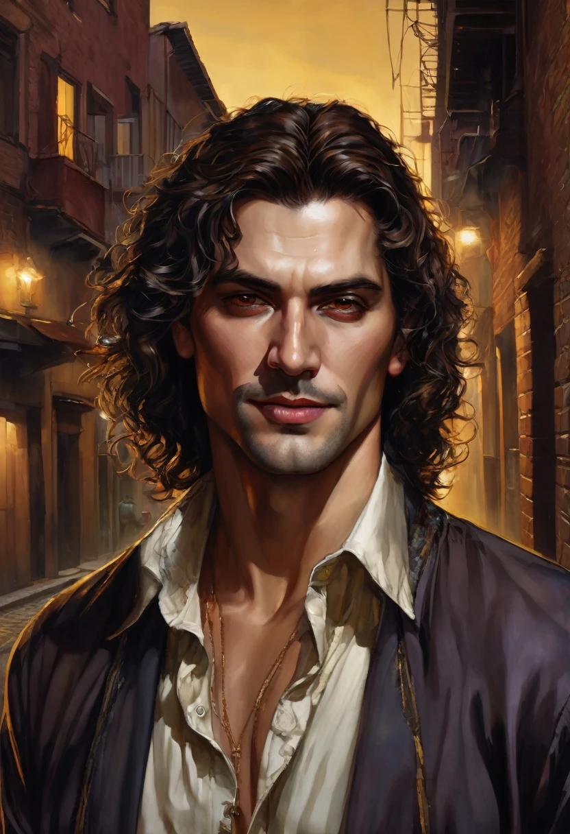 (good quality), (many details), (masterpiece), (good quality), (many details), (masterpiece), man in his early 30s, open shirt, jeans pants (cut out), trickster, wide hair in brown curls, scar on the eye, golden earring on the left ear, talisman,, at night in an alley, realistic, vampire, modern