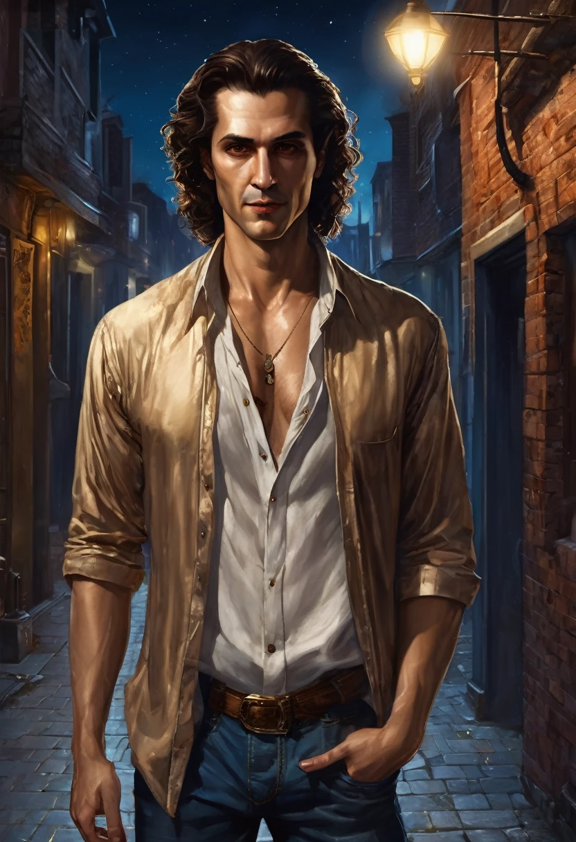 (good quality), (many details), (masterpiece), (good quality), (many details), (masterpiece), man in his early 30s, open shirt, jeans pants (cut out), trickster, broad hair in brown curls, bold, scar on eye, golden earring on left ear, talisman, hard face, at night in an alley, at the end of the alley a fair can be seen, realistic, vampire