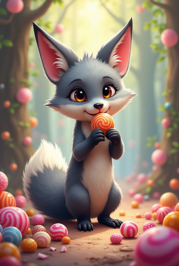 A gray fox with lots of sweets to eat,Candy in mouth,There is candy in hand,There is candy on the ground,Cute realistic style,Background forest candy garden