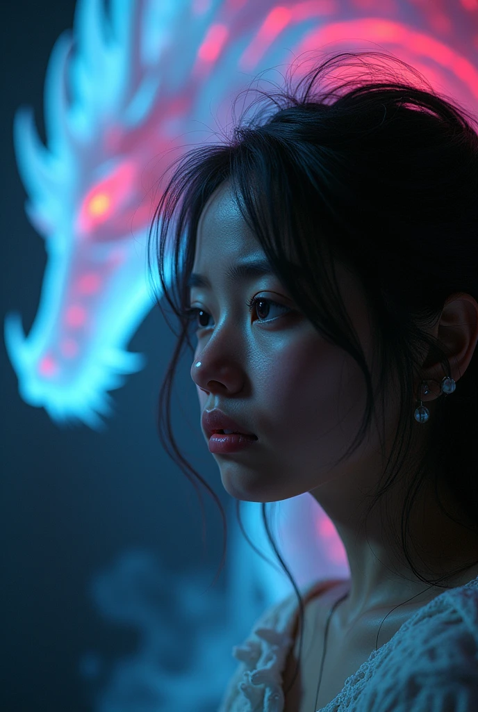 A sad girl, close up, a transparent glowing dragon of vibrant colors head in background,90 degree in big size