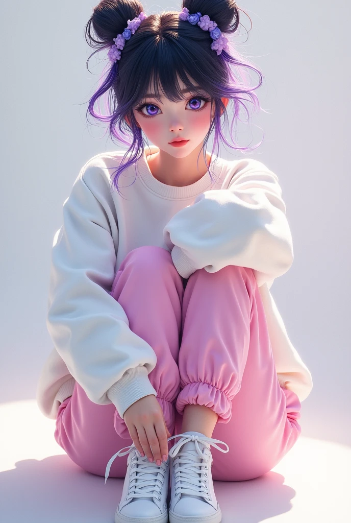 A girl with black hair and purple hair with blue eyes and a butterfly bun with a white sweatshirt with pink pants with white tennis shoes