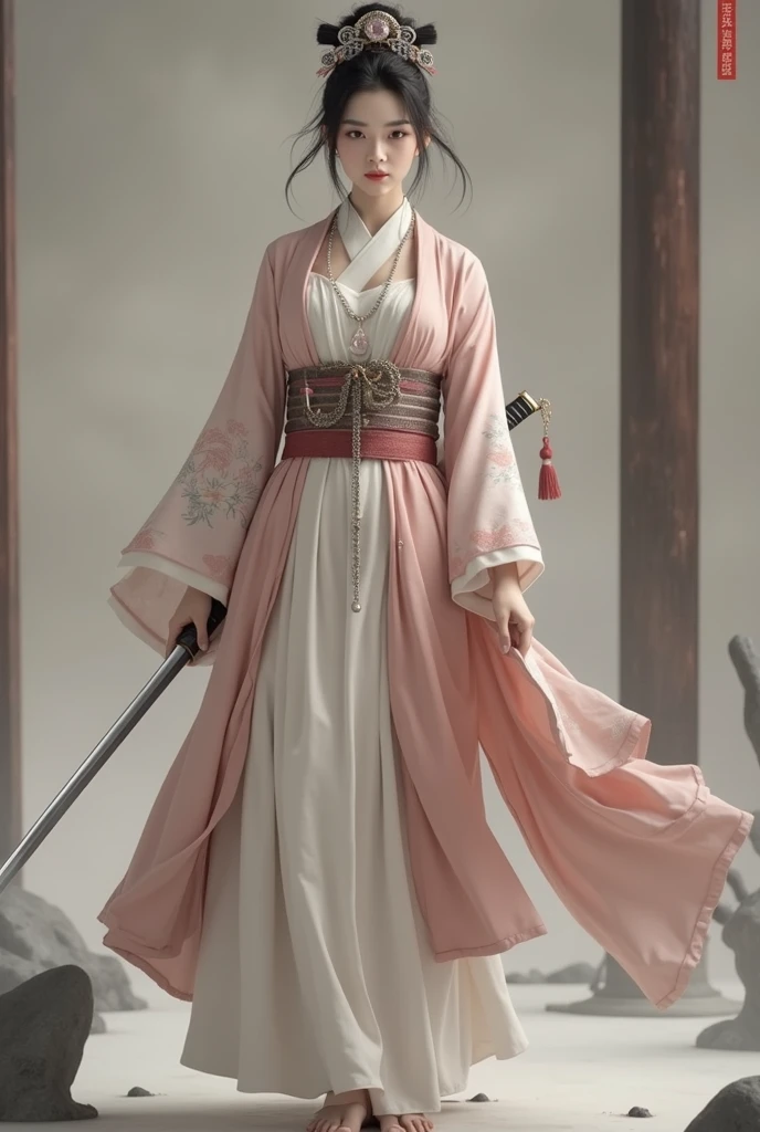 (8K, highest quality, masterpiece:1.2), (realistic:1.4), Raw photo, highest quality, ultra high resolution, best shadow, (full body:1), historical heroine, cleavage, Swordmaster, kabuki, (samurai sword), large scale amazing environment, horror, dark horror, highly detailed facial features, beautiful and perfect face, perfect eyes, perfect fingers,