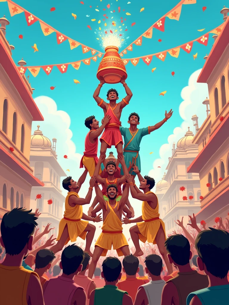 Create a vibrant and festive illustration of the Gopal Kala festival, capturing the joyful spirit of the celebration. The scene should include a group of young men forming a human pyramid, attempting to break the Dahi Handi (a pot filled with curd) suspended high above them. Surrounding them, a lively crowd of people, dressed in traditional colorful attire, is cheering and throwing flowers. The backdrop features traditional Indian architecture and a bright blue sky, with festoons and banners adding to the festive atmosphere. The overall mood should be one of joy, energy, and community celebration