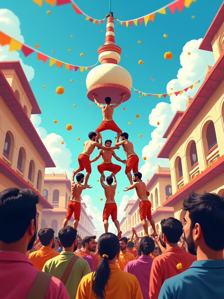 Create a vibrant and festive illustration of the Gopal Kala festival, capturing the joyful spirit of the celebration. The scene should include a group of young men forming a human pyramid, attempting to break the Dahi Handi (a pot filled with curd) suspended high above them. Surrounding them, a lively crowd of people, dressed in traditional colorful attire, is cheering and throwing flowers. The backdrop features traditional Indian architecture and a bright blue sky, with festoons and banners adding to the festive atmosphere. The overall mood should be one of joy, energy, and community celebration