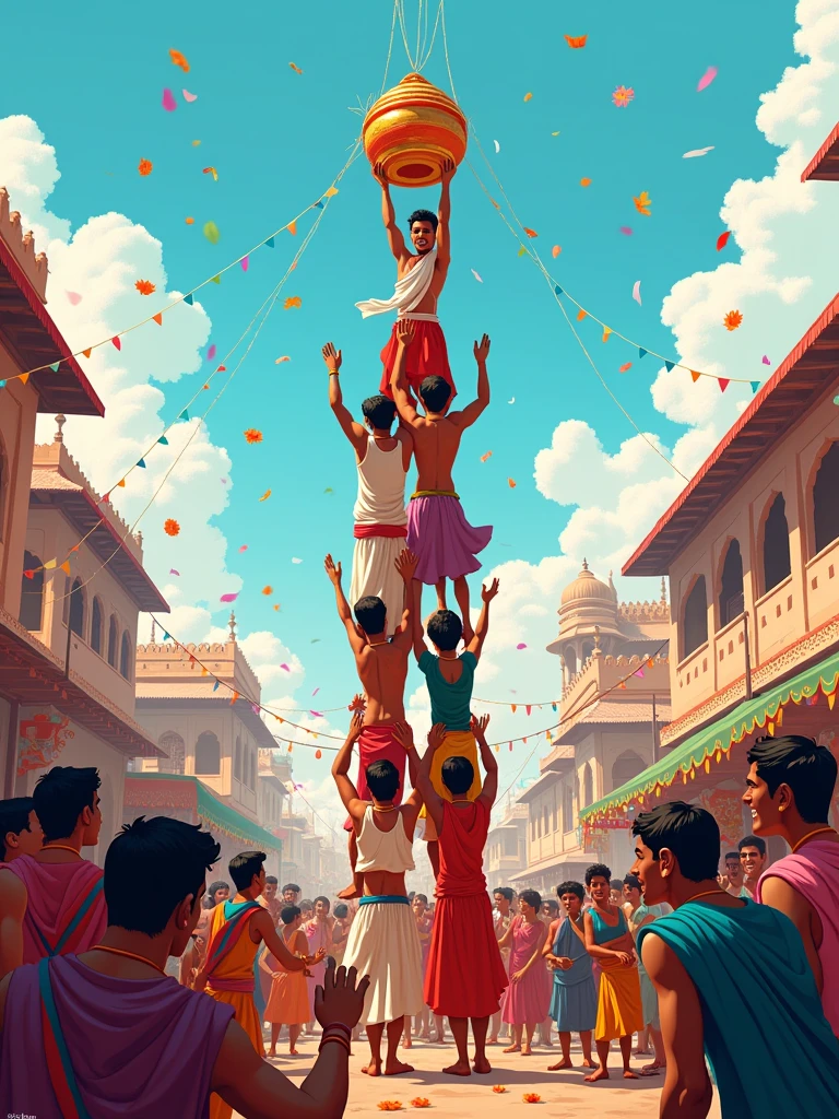 Create a vibrant and festive illustration of the Gopal Kala festival, capturing the joyful spirit of the celebration. The scene should include a group of young men forming a human pyramid, attempting to break the Dahi Handi (a pot filled with curd) suspended high above them. Surrounding them, a lively crowd of people, dressed in traditional colorful attire, is cheering and throwing flowers. The backdrop features traditional Indian architecture and a bright blue sky, with festoons and banners adding to the festive atmosphere. The overall mood should be one of joy, energy, and community celebration