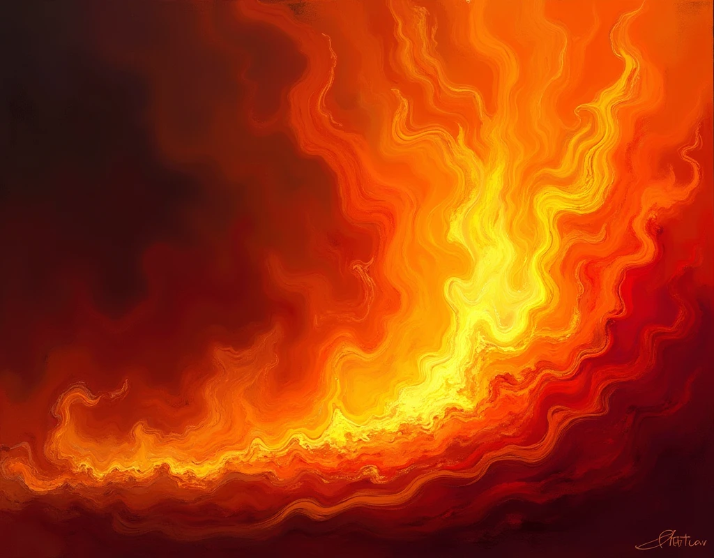 - Igniting Inferno: Fiery passion, consuming flames, vibrant orange and red hues, abstract expressionism