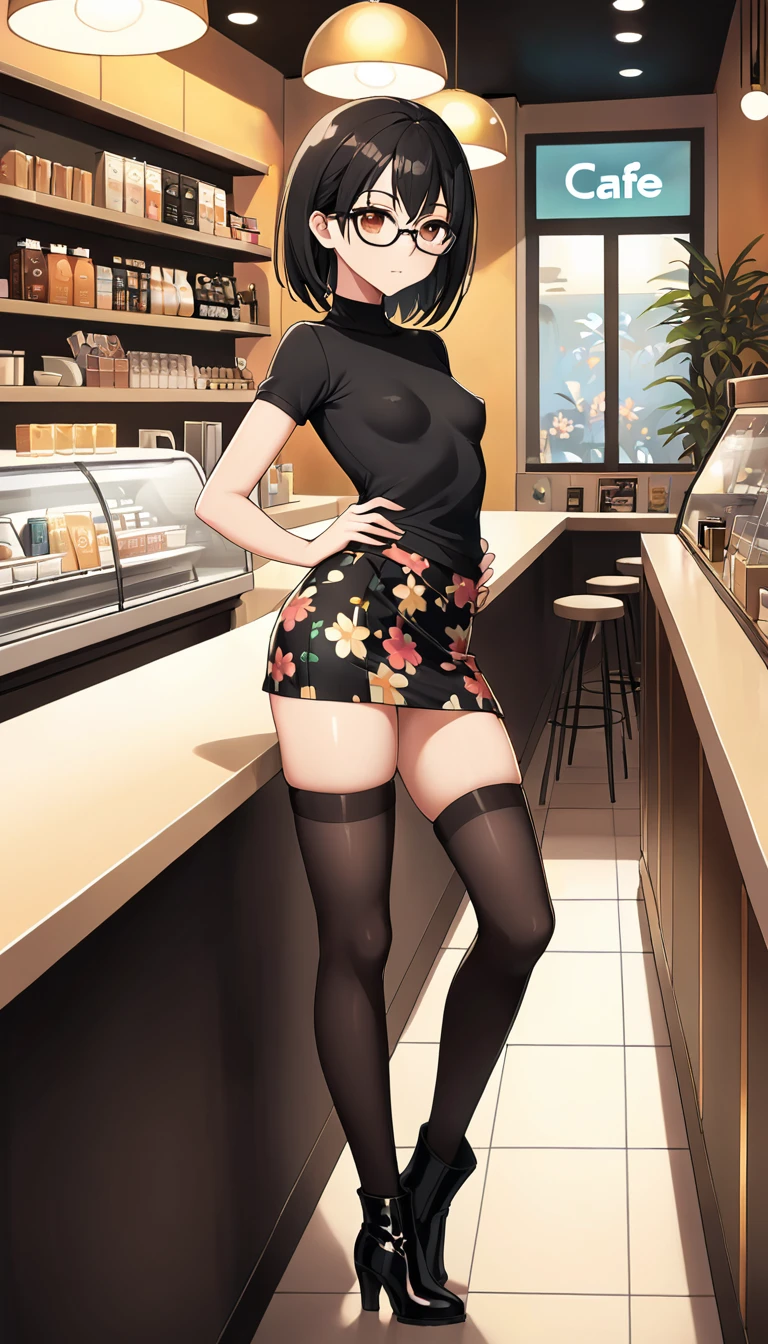 {
"character": "Beautiful anime girl, 2, with medium-length straight black hair, large brown eyes behind glasses, fair skin, and a very slim body with small, perky breasts.",
"pose": "Leaning casually against a counter with one hand on her hip and the other holding a drink, her body slightly tilted to the side, exuding confidence and a flirtatious attitude.",
"outfit": "Tight black mini skirt with a floral pattern, paired with black thigh-high stockings, black ankle boots, and a fitted black top. The mini skirt is slightly lifted, revealing the top of her thighs and a glimpse of her naked vagina.",
"camera_angle": "Full body shot from the front, focusing on her slim legs and the seductive tilt of her hips, with a clear view of her outfit and exposed skin.",
"background": "Cafe setting with modern decor, shelves of products in the background, and warm lighting that adds to the intimate atmosphere."
}