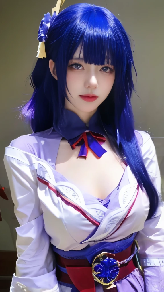 best quality, masterpiece,Ultra-high resolution,Clear face(Reality的:1.5),Skin texture(Reality:1.4),Face Focus,Ultra-thin face,Ambient Lighting, 1 Girl,Solitary,Japanese Girls,Cute purple-haired girl,Serious,Shut up,Look at the audience,Purple Eyes, Thunder General,Purple and white clothes,Bangs,braid (Middle chest: 1.4) ,Medium breasts,Wide-sleeved kimono,Hair accessories,Daywear (Red belt: 1.4) (Lilac hair: 1.4),Very long hair, Straight Hair,, Serious, (Smooth chin: 0.85), Looking at the audience, beautiful eyes,, Delicate eyes, skirt, The thighs can be seen,Black socks,cosplay,role play,Anime idol poses,indoor,Simple background,White background,real
