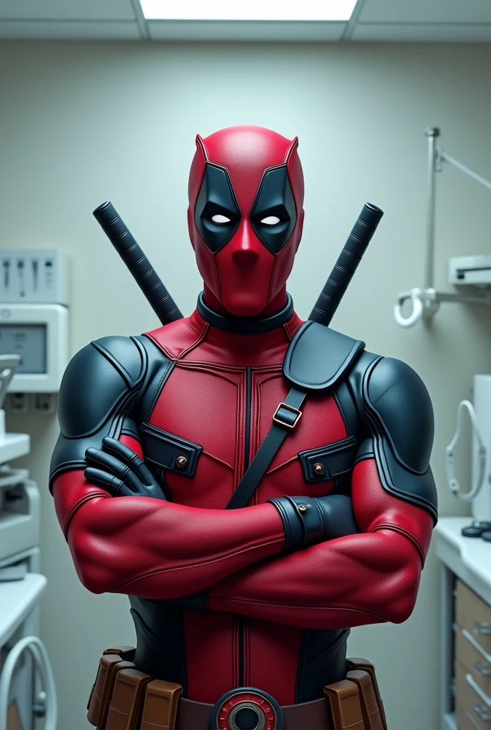 Doctor Deadpool, smiling, doctor, photorealistic, medical glove on hand, stomatolog, joking