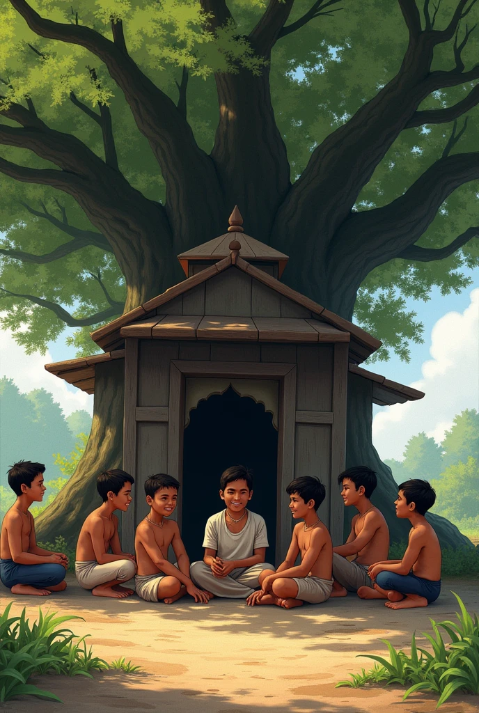 7-8 young nepali boys are sitting in nepali chautari with the tree of pipal