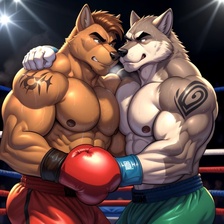 Duo male(Brown Dog punching Gray wolf on the face), handsomes(handsome hairstyle, Thick eyebrows, detailed face), gay(cuddling embraced, body with body, on a boxing match), hot(Shirtless), handsomes(They are handsomes, correct anatomy), musculosos(Big muscle bodies, Six packs, muscle abs, big pecs), sweaty(very sweaty wet bodies, shiny sweat), tatuajes(they have tattoos), grumpy(Both have an grumpy expression, grumpy teeths, steaming breath), boxing gloves(They both are wearing boxing gloves), Hight resolution, by(Zourik:1.1)