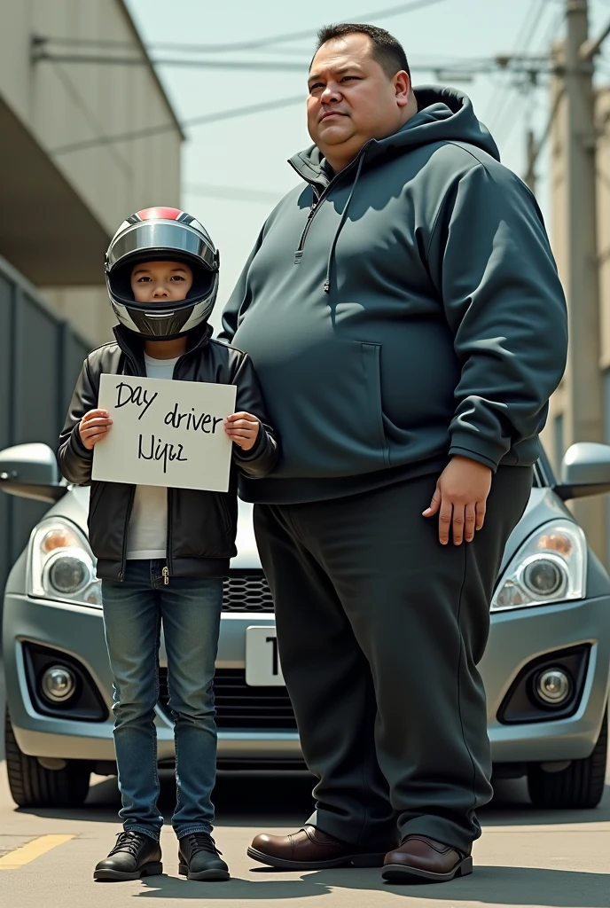 Make me a picture where there is a fat person, a short, white-skinned young man with a racing helmet and a sign that says “Day Driver”, “night photographer” and has a Suzuki Swift behind him
