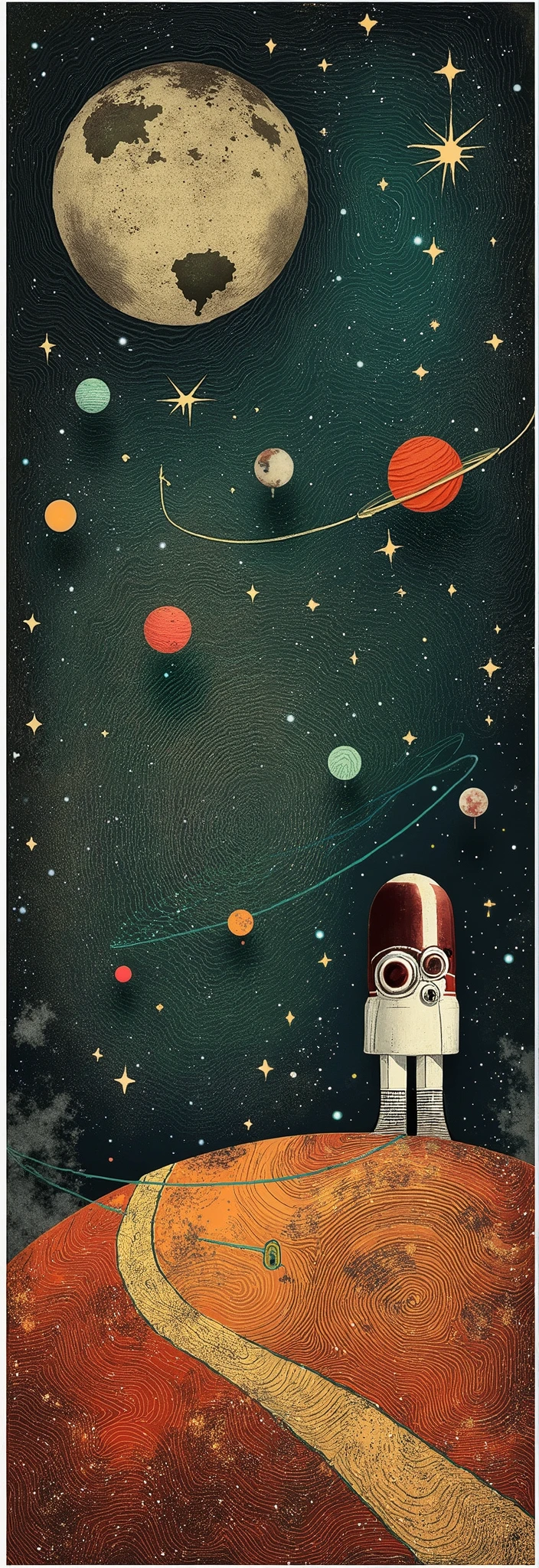 The image depicts a whimsical and stylized representation of space, featuring a large, central rocket ship with various circular windows and patterns on its body. Surrounding the rocket are numerous celestial bodies including planets with different sizes, rings, and surface textures, as well as stars and smaller spacecraft. The background is dark with speckles of light suggesting a starry sky. This image is interesting due to its artistic interpretation of space travel and exploration, using vibrant colors and imaginative
