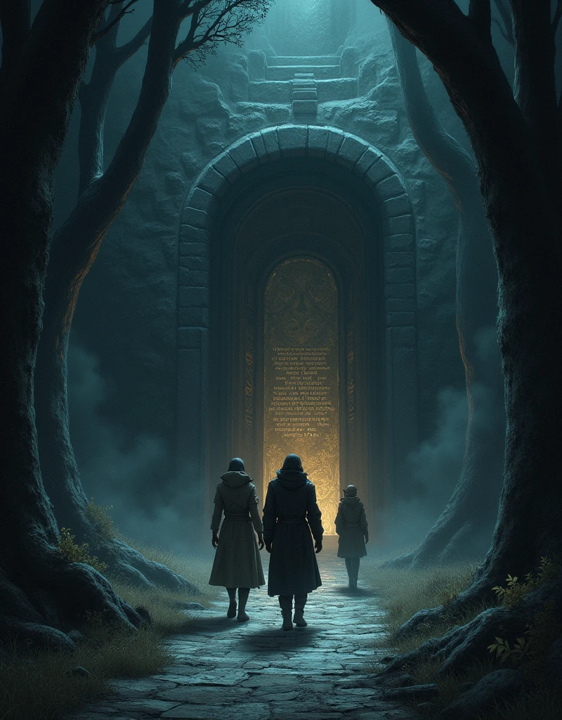 The journey to the Threshold was arduous; the shadows seemed to come to life, and the darkness was almost palpable. However, guided by Mira&#39;s intuition and Theron&#39;s knowledge, They managed to reach the hidden door, which was covered with mysterious inscriptions. Eloy deciphered the message: "Whoever crosses this threshold will have to face the truth hidden in his heart.."