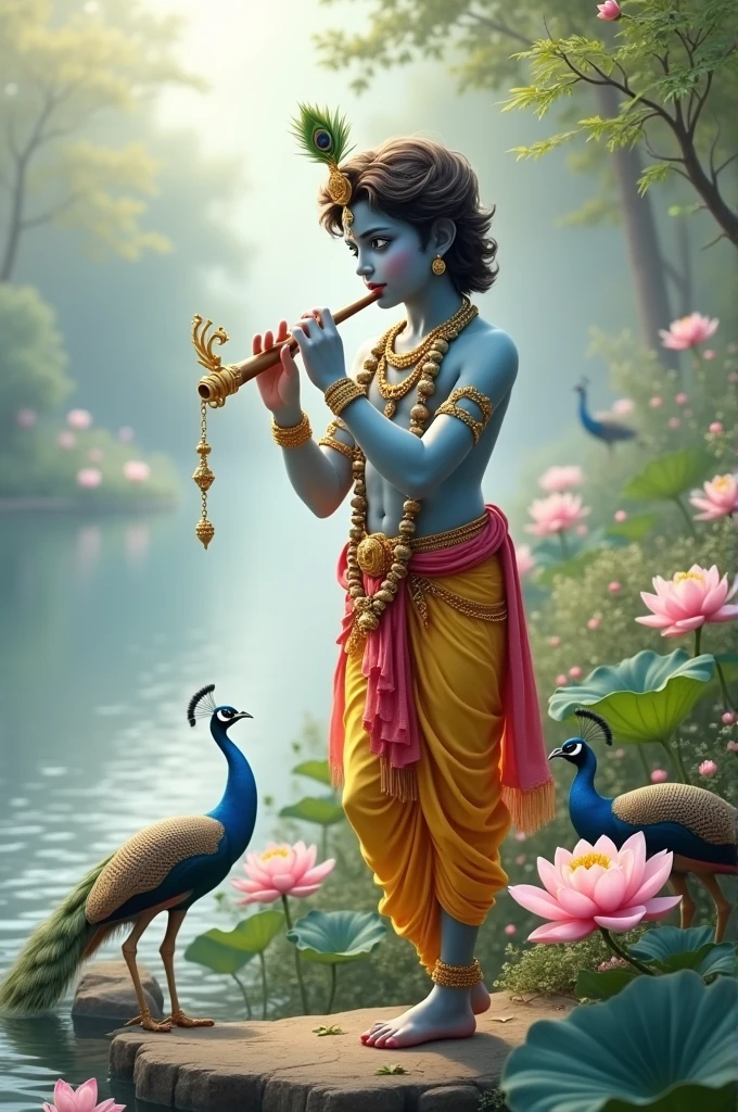 Create a serene image of Sri Krishna by the Yamuna, playing the flute. Include soft lighting, lotus flowers, peacocks, and a peaceful atmosphere with gentle pastel hues, evoking divine calm and harmony.