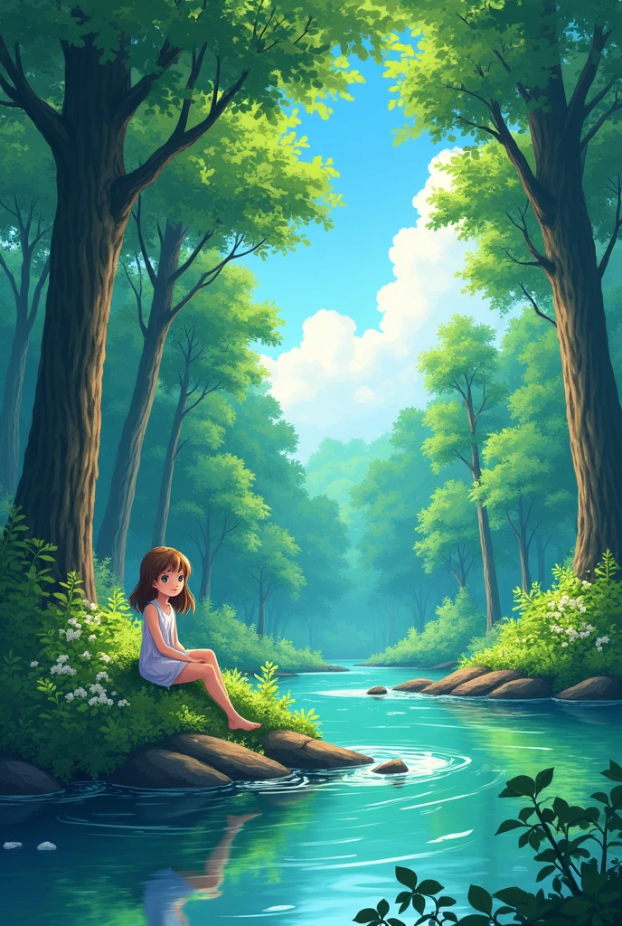 anime-style forest with vibrant green trees, a flowing river, and a character with large eyes sitting by the riverbank