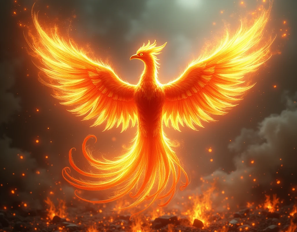 - Phoenix Rising: Mythical rebirth, radiant firebird, golden and crimson colors, ethereal beauty