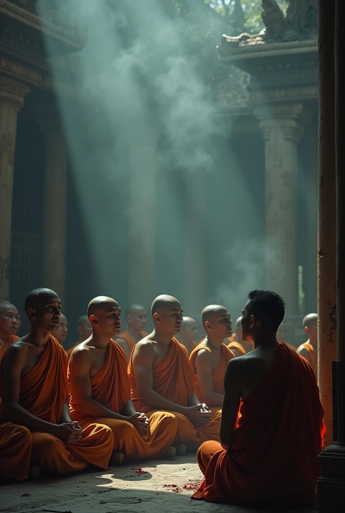 Thai temple monks, Sitting and chanting Abhidhamma, A young man sits and listens next to him., Tears are blood, Wang Weng atmosphere, Chilling and chilling, Reference to the film Mae Nak Phra Khanong, graveyardไทย, Sharp picture, Smoke dust, (Ancient Thai style), graveyard, Tears flowing, 
