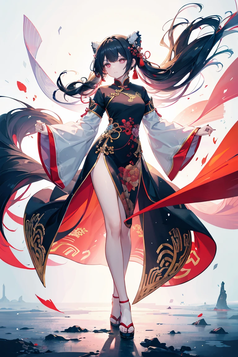 National Trends,complex background,Full body portrait,((dynamic action,floating,Asymmetric)),(The anthropomorphization of Chinese mythical beasts,beautiful girl,Wearing clothes in bright colors),Full body standing,Wide sleeves,Big watery eyes,Beautiful face and smooth fair skin,Delicate face,Black long hair,Chinese Beauty,Wearing Chinese clothing,gossamer,Colorful,Bright colors,Vibrant digital illustrations,(Clean background),Ink painting style,Clean colors,Decisive cuts,A blank,masterpiece, Ultra-delicate,Epic Works,high quality,最high quality,4K