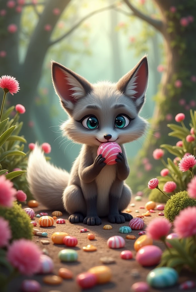 A gray fox with lots of sweets to eat,Candy in mouth,There is candy on the ground,Cute realistic style,Background forest candy garden