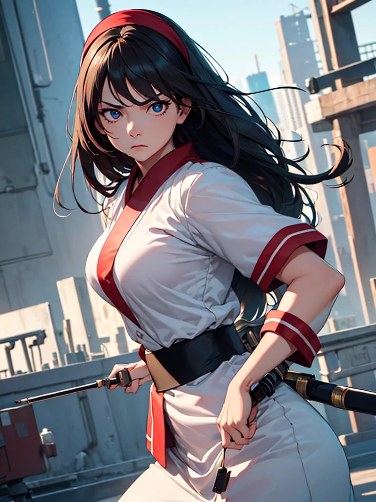 (​masterpiece、top-quality、hight resolution、Unity 8k、extremely details CG:1,Best Picture), A woman who has spotted a threat, her body poised for immediate action. Her eyes are wide and locked on the danger, and her expression is fierce and determined, ready to defend herself. red ribbon, hair band