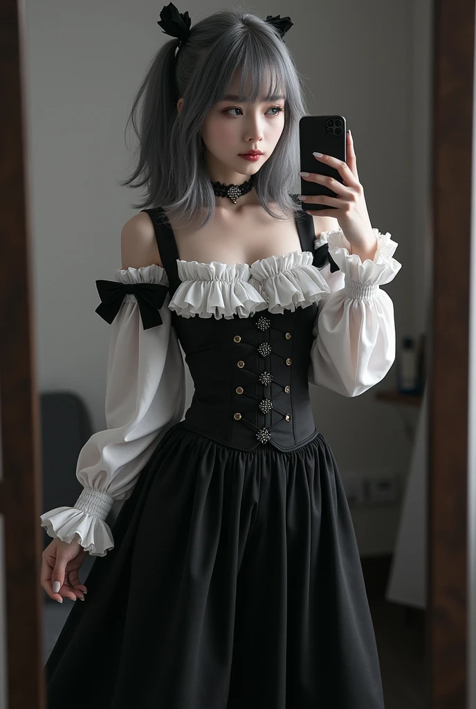highly detailed, beautiful, hyper Realistic girl, masterpiece, best quality, Depict a mysterious and sophisticated beautiful Japanese gravure model,, 28-years-old, identity hidden, all body shot, / gray arranged hair, small head, Detailed face, cute and Pretty slim face, Duck mouth, perfect beautiful Tooth, arranged gray hair, shiny eyes, blue-colored eyes, Realistic skin, Detailed face, y Pierrot Costume, Opt for a fitted corset bodice with black and white diamond patterns, accentuating the waist, Layer with a ruffled, off-the-shoulder blouse in contrasting black and white hues, adorned with oversized bows for a whimsical touch, Pair with high-waisted black maxi skirt, featuring exaggerated ruffles or pleats for added volume and drama, Accessorize with black and white striped stockings or tights, and patent leather ankle boots with oversized buckles for a modern twist on classic clown footwear, //// Monotone simple modern taste single room, mirror, complicated background /// takes a selfie in her room using a smartphone in front of a mirror with one hand, standing and fashion model Posing, looking away from the camera,