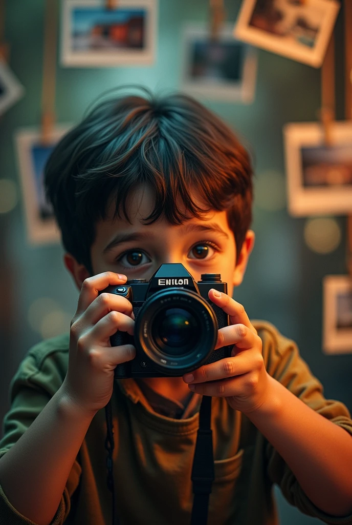A camera in a boy hand capturing something special ! In background so many photos in atmosphere