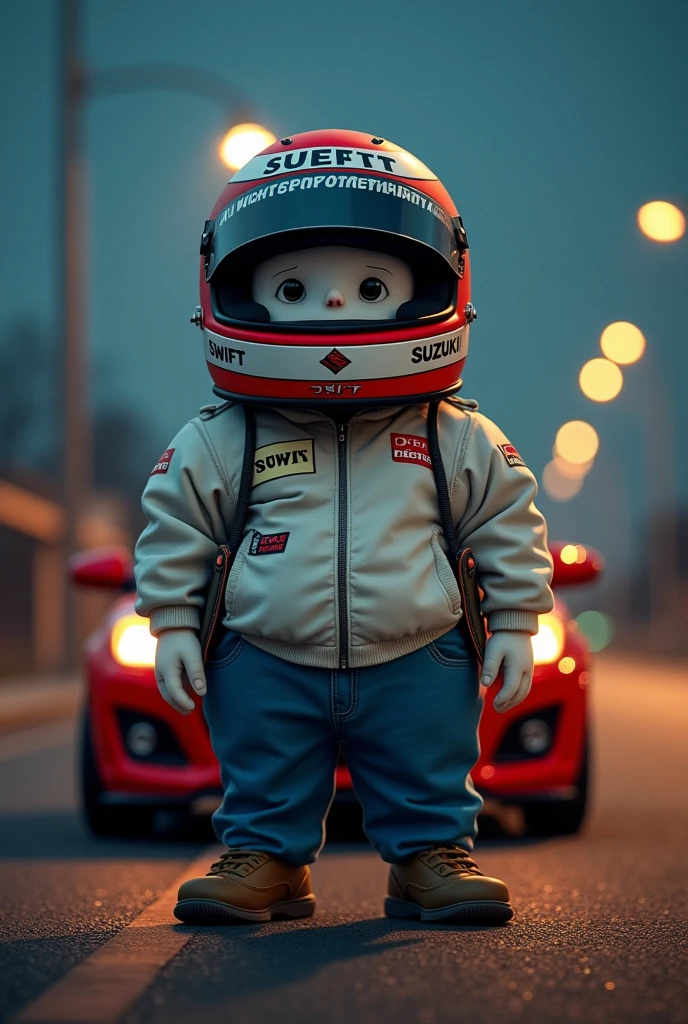 Make me a picture where there is a fat person, Short and white-skinned with a racing helmet that has a sign that says &quot;day driver&quot;, “night photographer” and has a Suzuki Swift behind him
