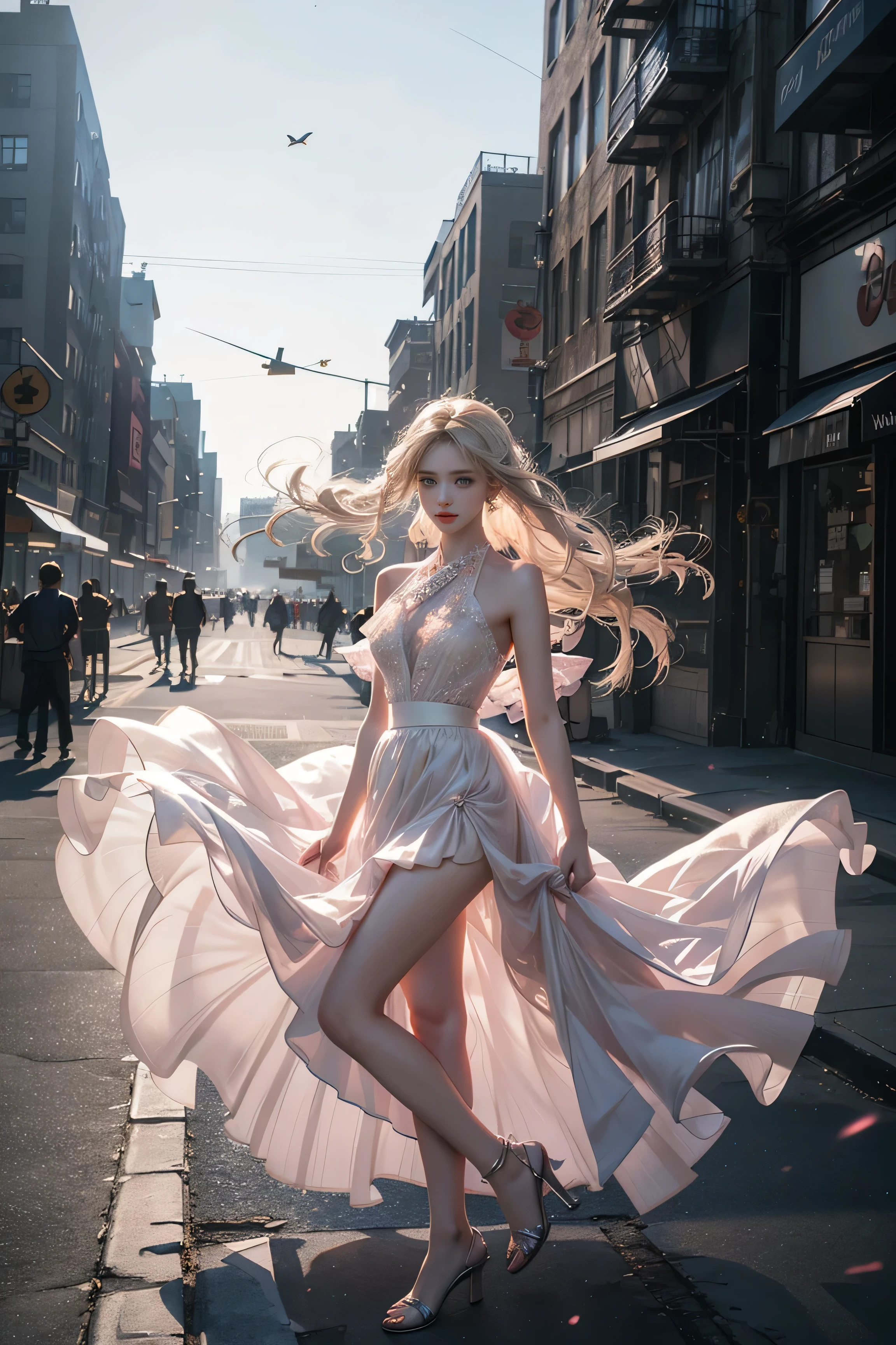 ((New York Cityscape))、Highest quality、masterpiece、超High resolution、reality、Portrait、Elegant mature woman、blue eyes、Long Hair、Side bangs、(Translucent pink dress、mini skirt)、4K resolution、High-quality CG、Feminine pose、Fair、（The wind blows up my skirt）,(Lace panties are visible),Fluorescent color、One Girl、Turn to the side、Beautiful Face、Beautiful Eyes、（大きなblue eyes）（肩からDown：1．Down：1、2）、（Golden white hair）、Shiny Hair、Glowing Skin、Reduce glare、Finger ratio adjustment、eyebrow、Ass POV、Dynamic Angle、（Master Parts）、（Highest quality）、（Ultra detail）、（An illustration）、（Detailed light）、（Very delicate and beautiful）、Dramatic Shadows、Ray Tracing、reflection、超High resolution、（Master Parts）、（Highest quality）、（Ultra detail）、（An illustration）、（Detailed light）、（Very delicate and beautiful）、（Dramatic Shadows）、Ray Tracing、reflection、超High resolution High resolution、（Master Parts）、（Highest quality）、（Ultra HD）。 High resolution、（（Colorful hair and mesh））、Her hair flutters in the wind、（big deep blue eyes）、Golden white hair、haired woman、Sparkling Butterfly、Sparkling Butterfly、黒haired woman、Points of light around the woman、Magical Aura、Green dot、The nature of the aura、Magical Aura黒haired woman、((Translucent red one-shoulder dress：1. 3)、(Sleeveless)、((The skirt is fluttering in the wind))、