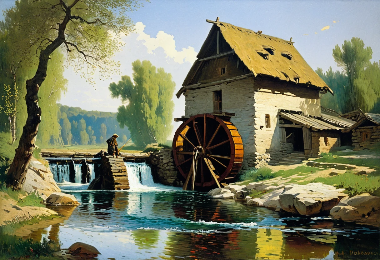 Old watermill painting with a fisherman standing in the water, Vasily Polenov, Vasily Polenov's painting ‘Old Mill’, Russian academic painting, water wheels, Henri Biva, Vasily Polenov's style
