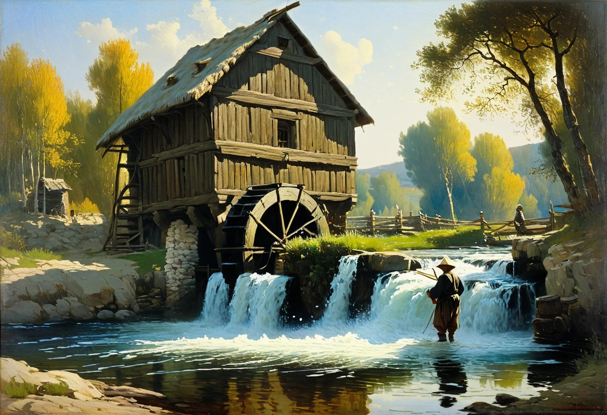 Old watermill painting with a fisherman standing in the water, Vasily Polenov, Vasily Polenov's painting ‘Old Mill’, Russian academic painting, water wheels, Henri Biva, Vasily Polenov's style